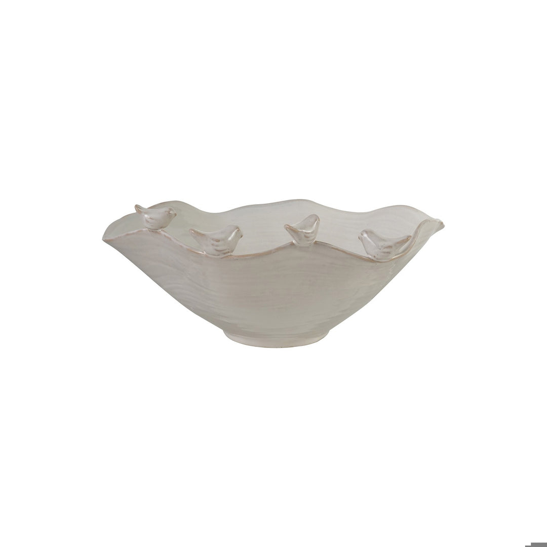 Stoneware Ruffled Bowl W 3D Birds on Rim
