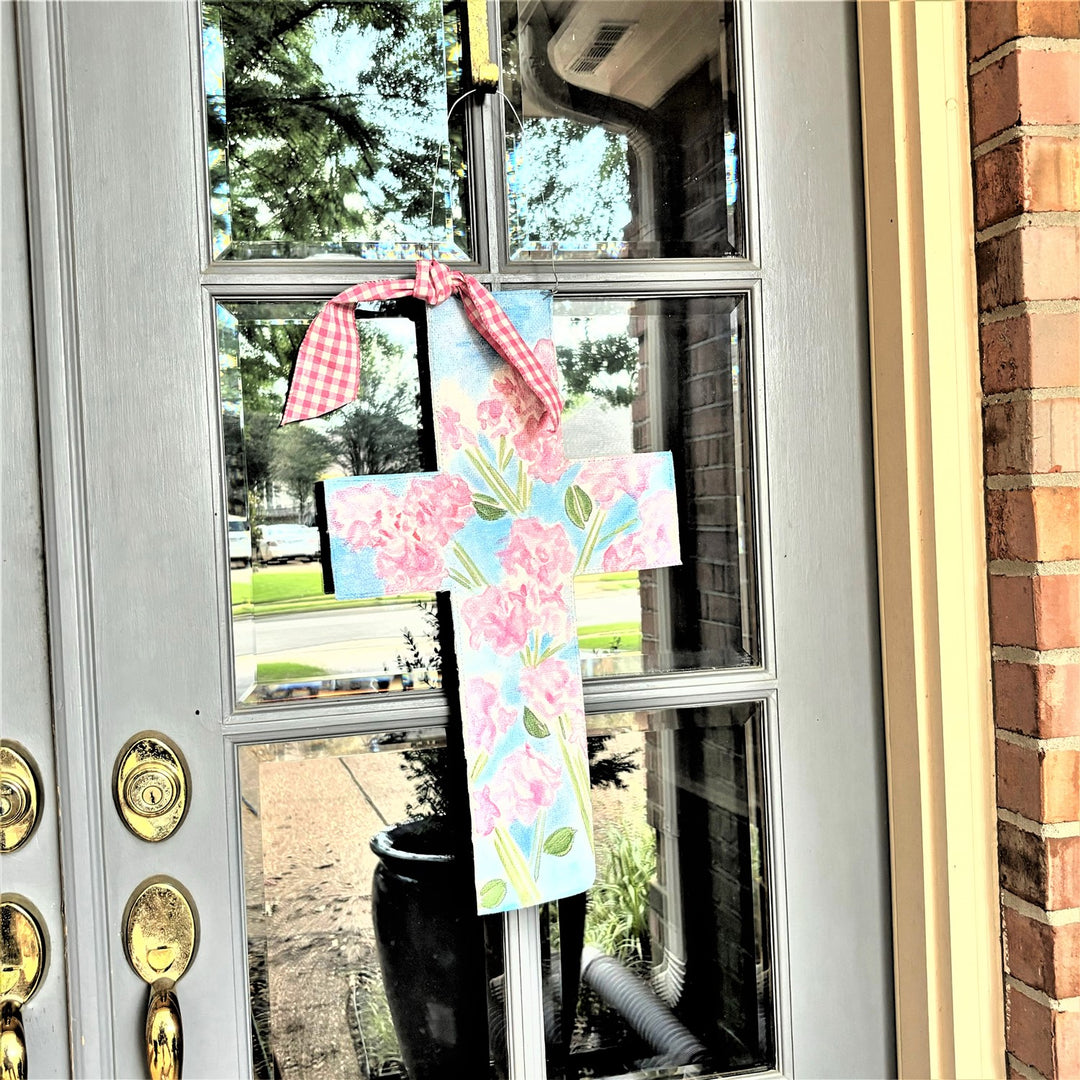 Pink Floral Cross Burlap Door Hanger